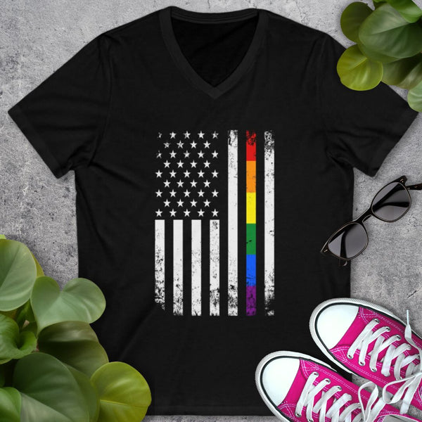 Distressed American Flag Pride Stripe V-Neck